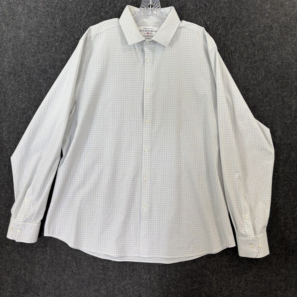 Mizzen+Main Leeward Shirt Men's XXL White Blue Check Standard Fit Stretch USA